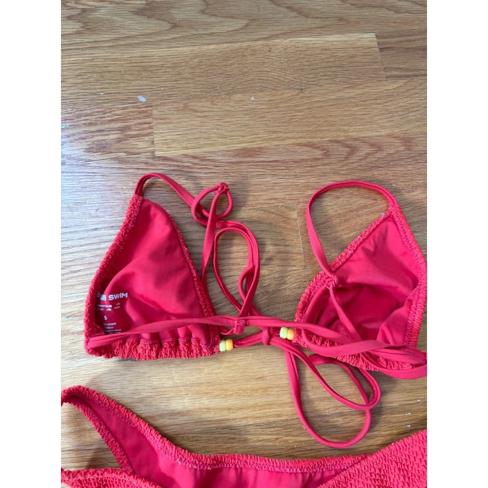 PacSun Swim Red Crinkle Smocked Triangle Bikini Set Beaded Ties Small